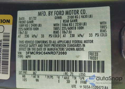 2022 Ford Bronco Sport Outer Banks from USA, damaged, VIN 3FMCR9C64NRD72080